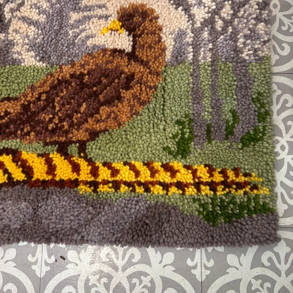 Vintage Latch Hook Punch Needle Wall Hanging Pheasant Birds Forest Scene 43 x 22